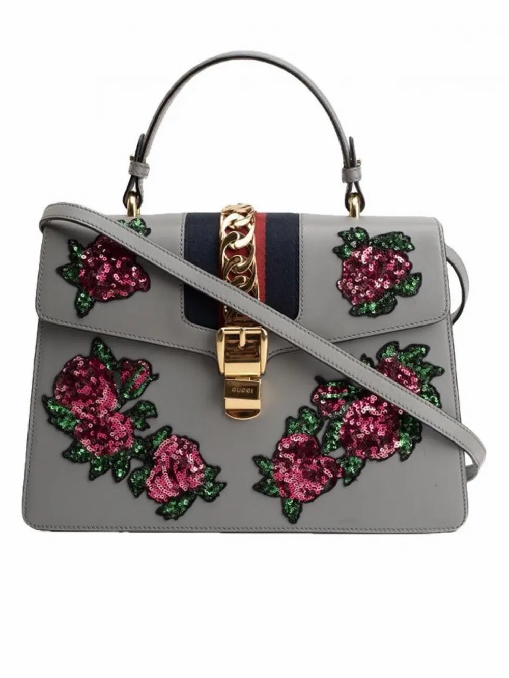 Gucci Gray Leather Top Handle Satchel with Pink Sequin Floral Appliqués